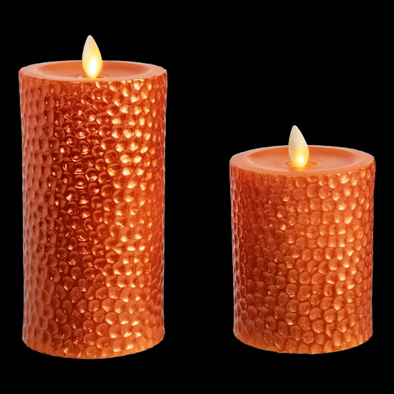 Luminara 2-Piece Flameless 4″ & 6″ Metal Hammered Pillar Set (Autumn)