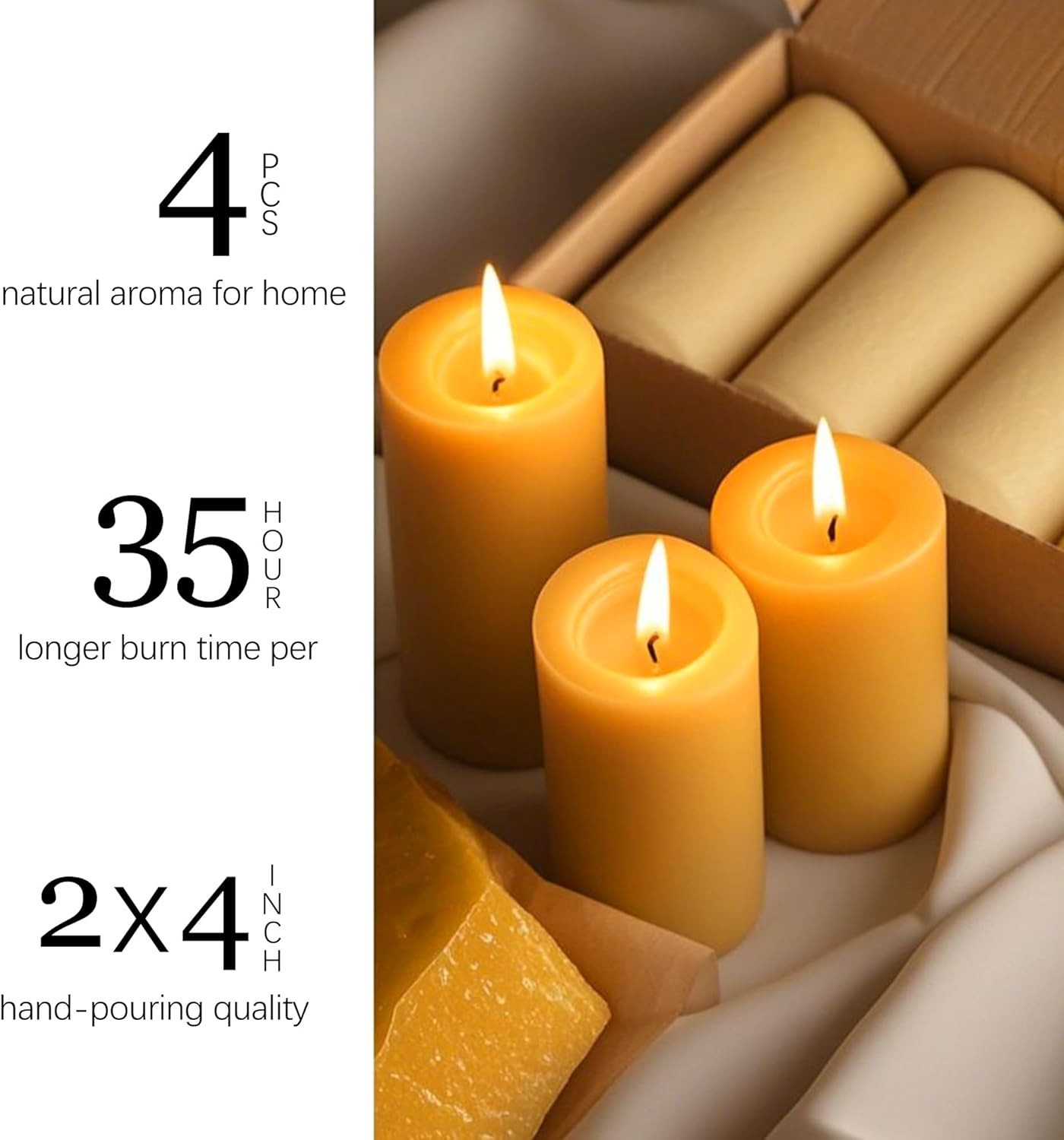 Long-Lasting Organic Beeswax Pillar Candles (4-Pack)
