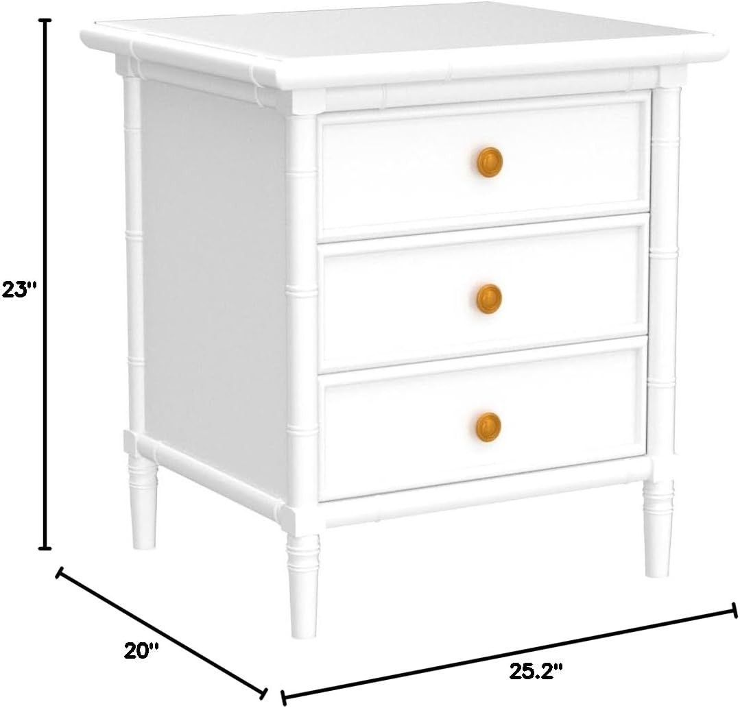 Mina Modern Coastal Bamboo Nightstand with 3 Drawers – 25″ White Finish