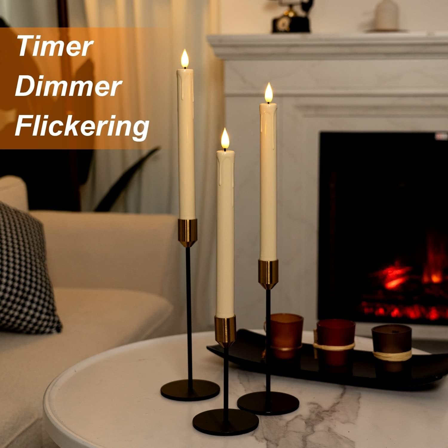 Set of 3 8″ Real Wax Flameless Moving Wick Ivory Wedding Taper Candles NEW 2023