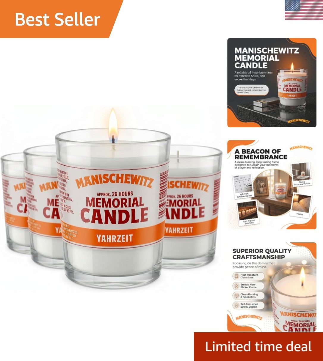 Elegant White Yahrzeit Candles in Glass Tumbler – 26 Hour Burn Time, 4 Pack