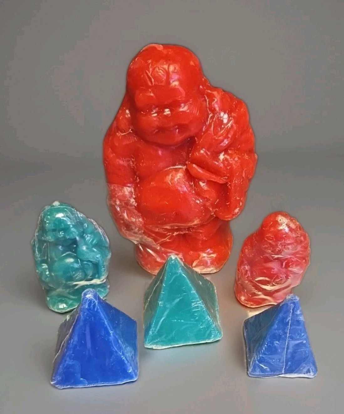 Vintage 90’s Multi Color 7″ Tall Standing Buddha Candle 6 Pc Group Unburned