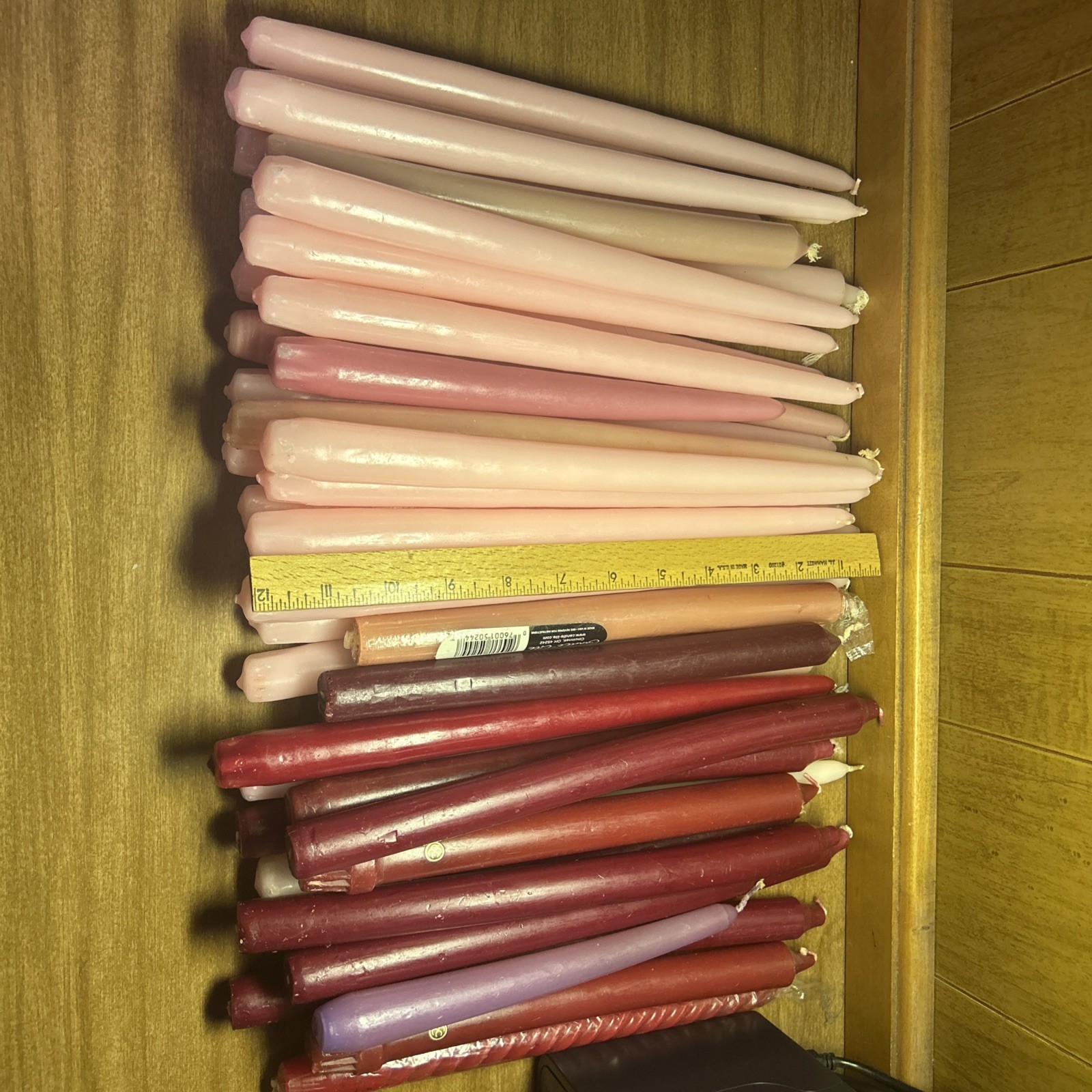 Lot of 39 Hand-Dipped Pink & Red Taper Dinner Candles – 12”