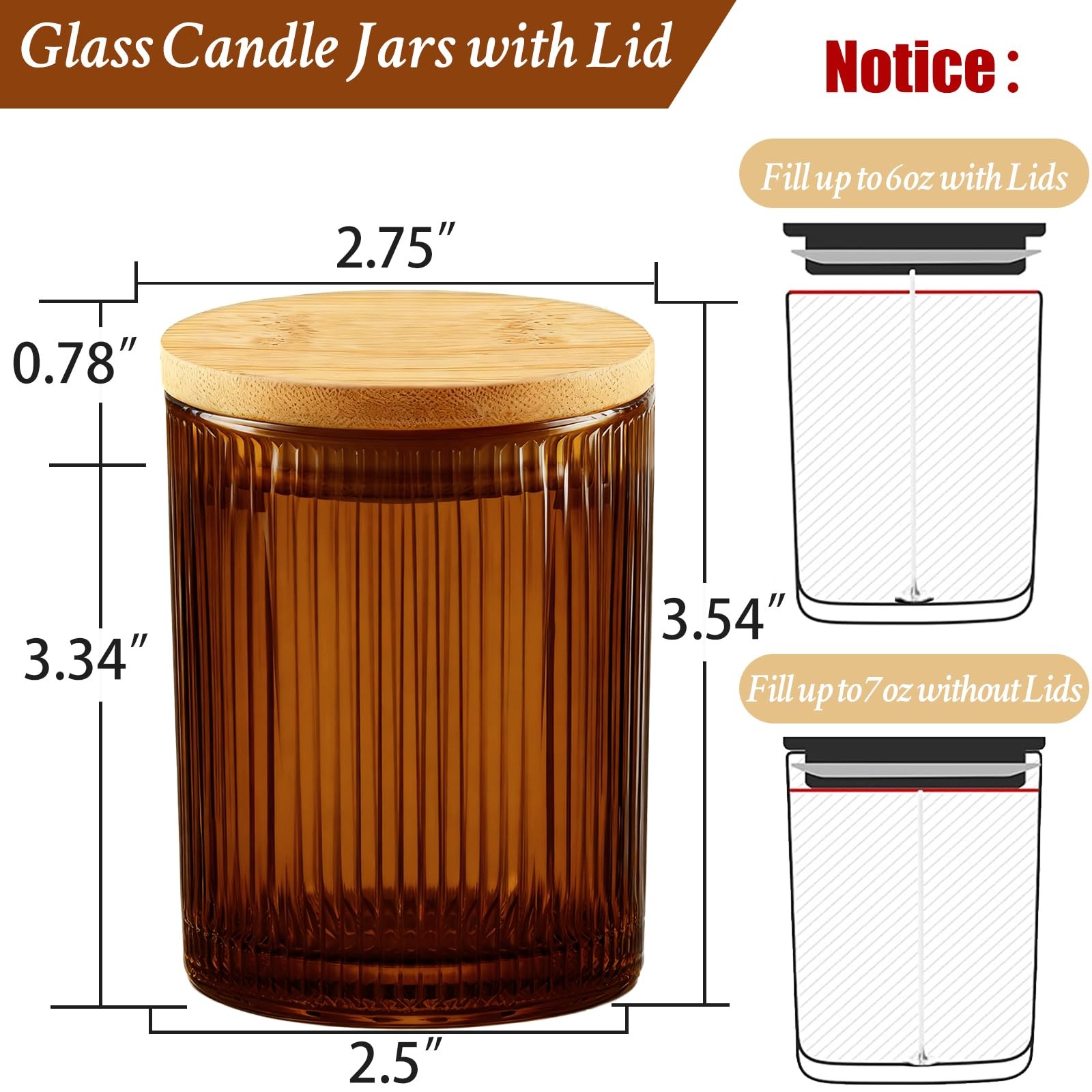 CONNOO 16pcs Ribbed Candle Glass Jars with Natural Bamboo Amber 7oz ribbed