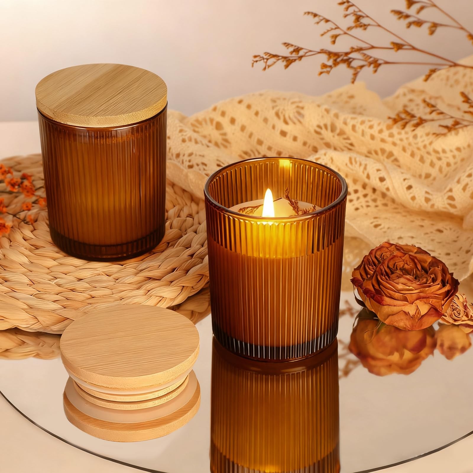 CONNOO 16pcs Ribbed Candle Glass Jars with Natural Bamboo Amber 7oz ribbed