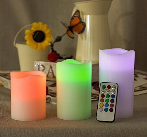 Set of 3 LED Multi-Color Changing Real Wax Ivory Pillar Candles (4”, 5”, 6”) …