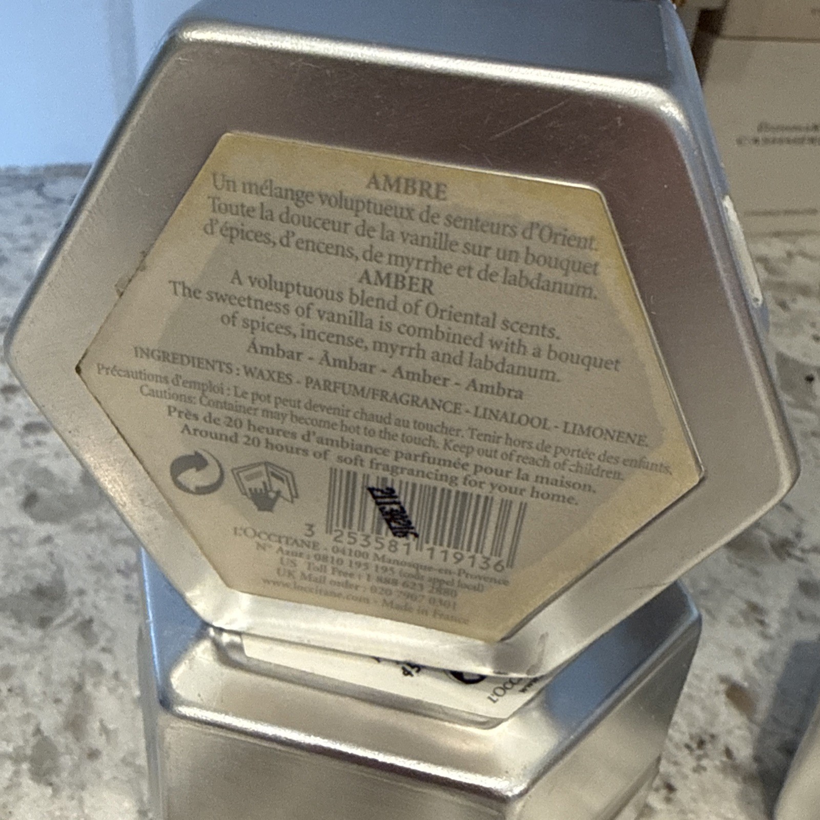 L’Occitane AMBRE Amber Candle Tin Bougie Parfumee 3.5 Oz Rare Retired