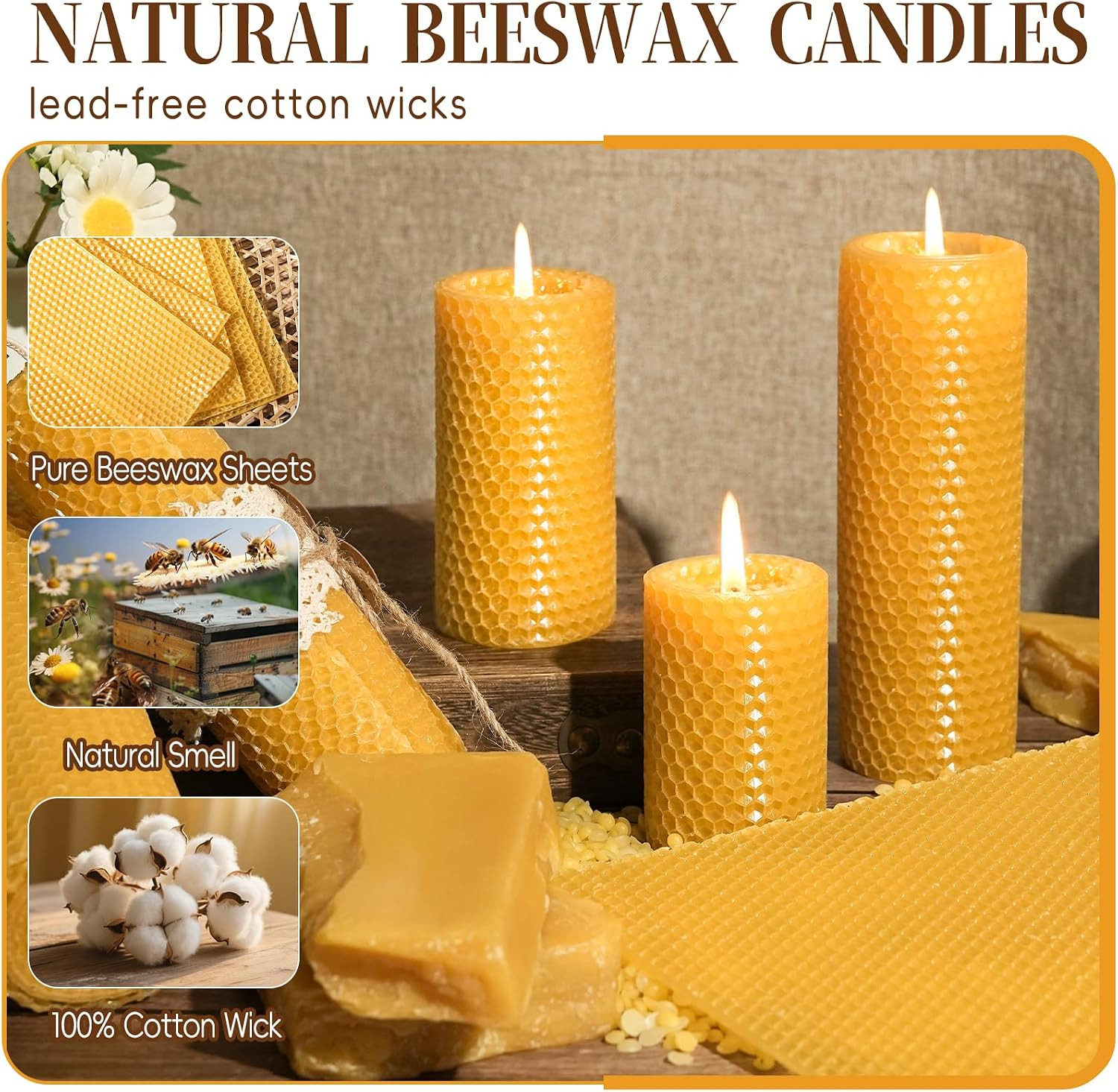 Beeswax Pillar Candles,Hand Rolled Honeycomb Design, 3 Sizes | Pure Natural
