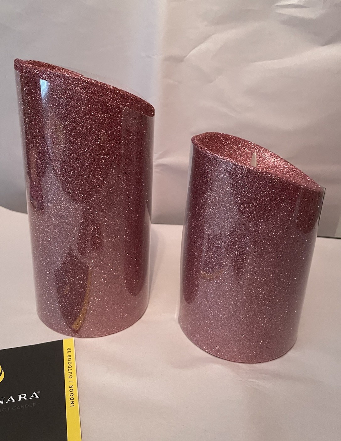 Luminara Flameless 5″ & 7″ Pink Glitter 2 pack Candle Set Timers and one remote