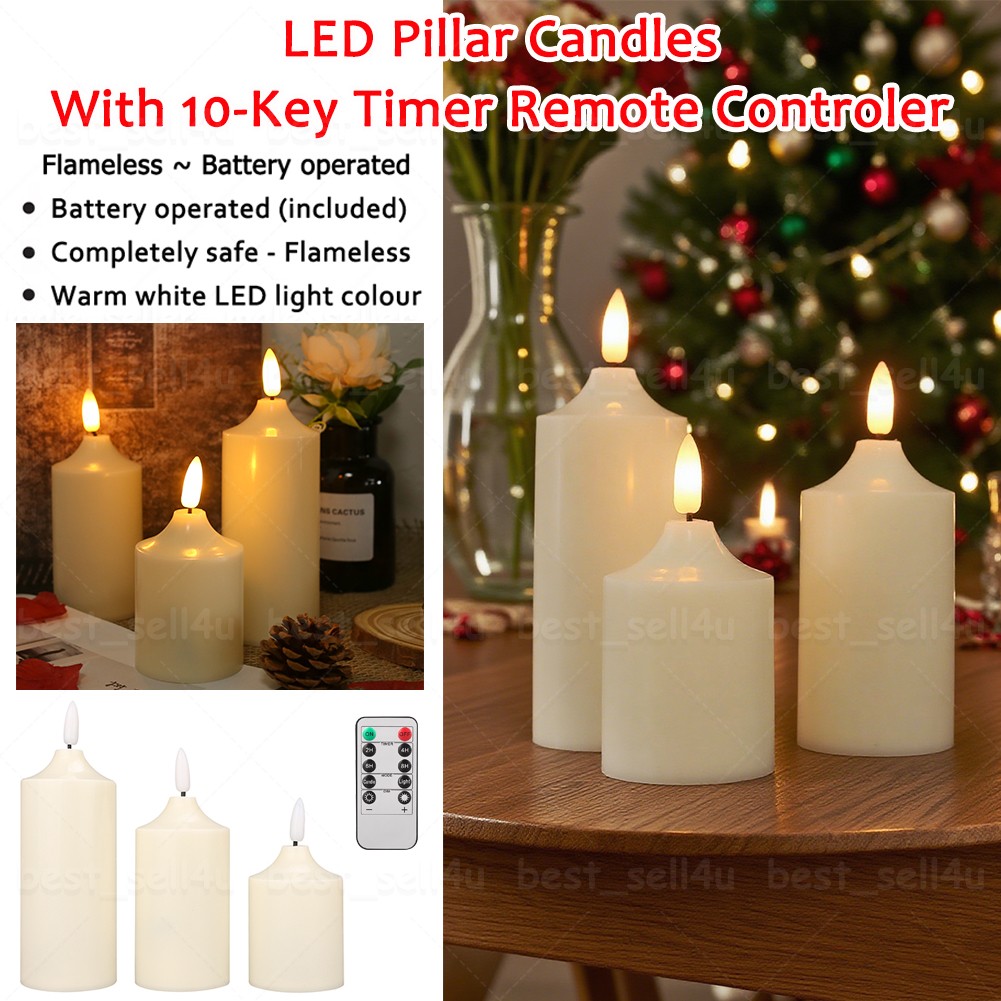 Set of 3 Flickering Flameless LED Candles with Timer Remote Battery Operated