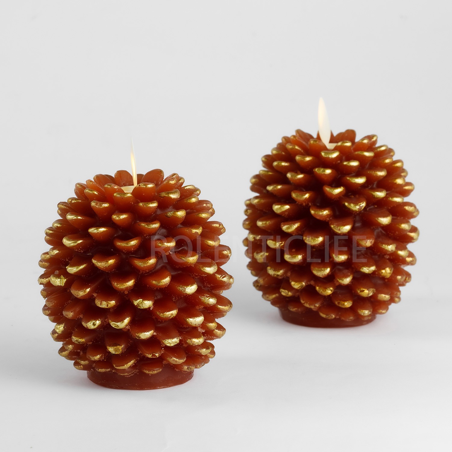 Luminara Flameless Pine Cone Wax Candles with Remote Moving Flame 2pcs Brown