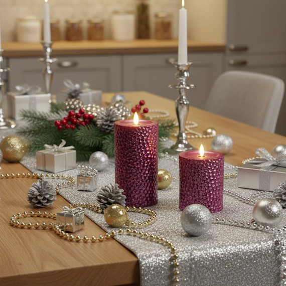 Luminara 2-Piece Flameless 4″ & 6″ Metal Hammered Pillar Set (Plum)