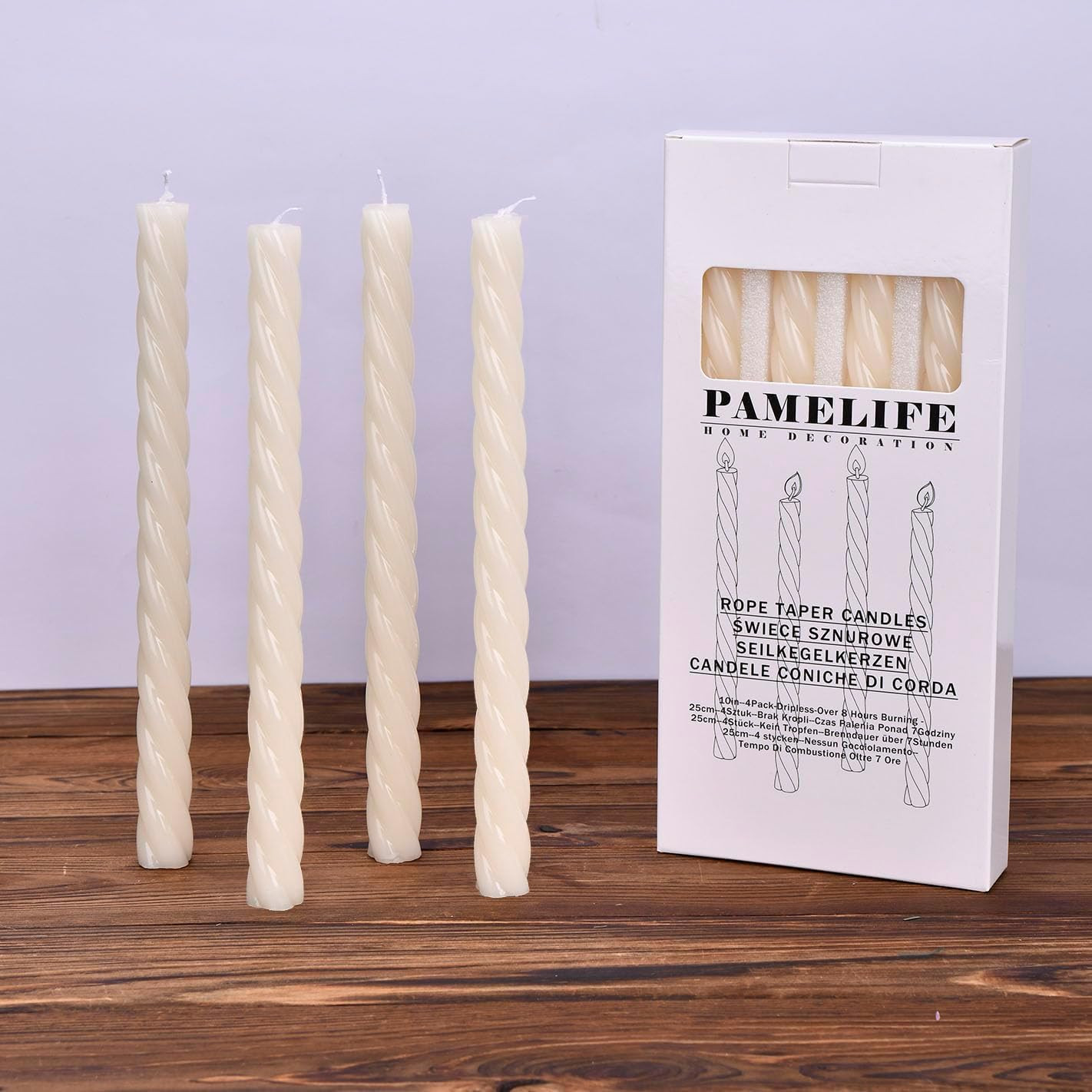 10 Inch Spiral Ivory Taper Candles, 4 Pack Unscented Dripless Long Burning Time
