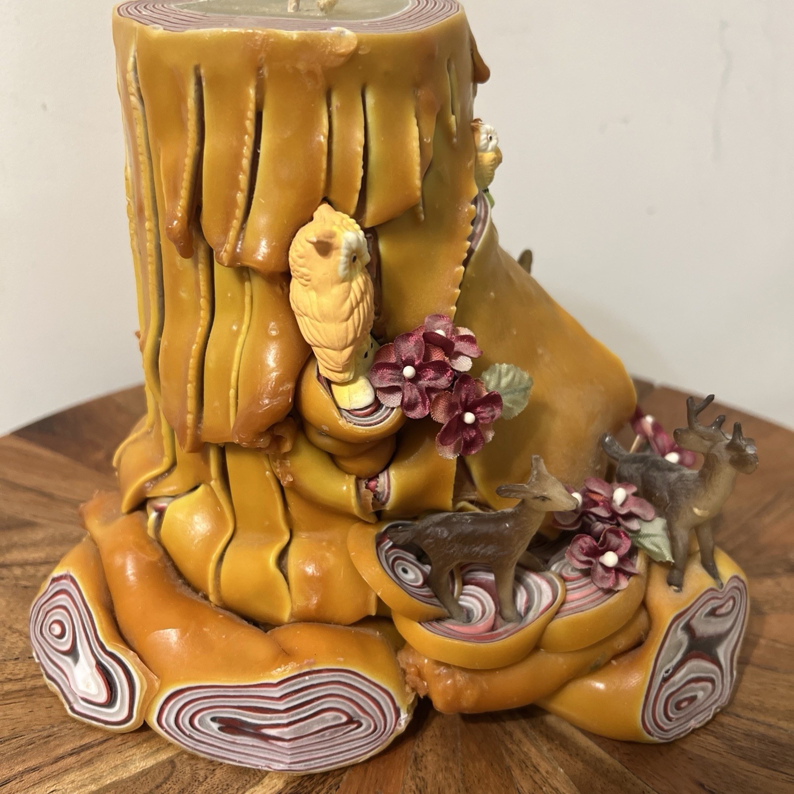 Vintage Candle Woodland Sculpted Tree Stump Elf Deer Owls Hand Carved Wax Art