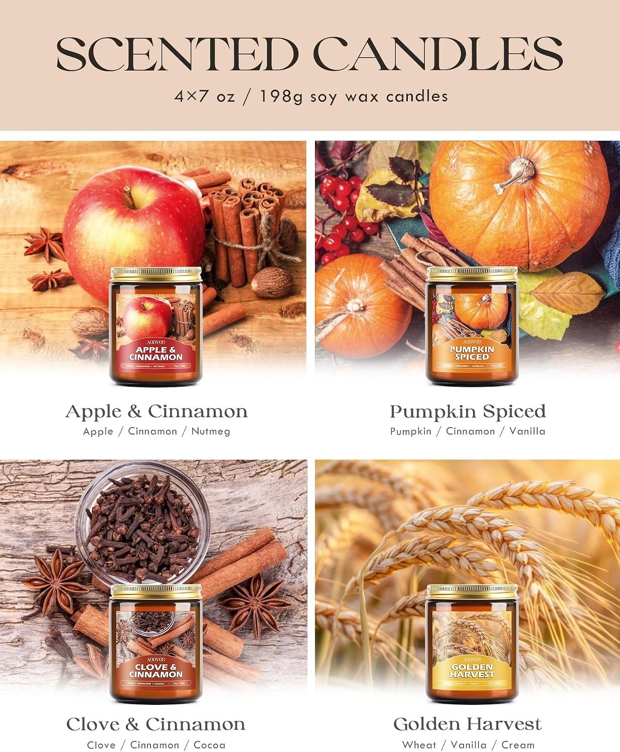 Scented Fall Candle Collection – 4 Aromatic Fragrances for Cozy Indoor Ambiance