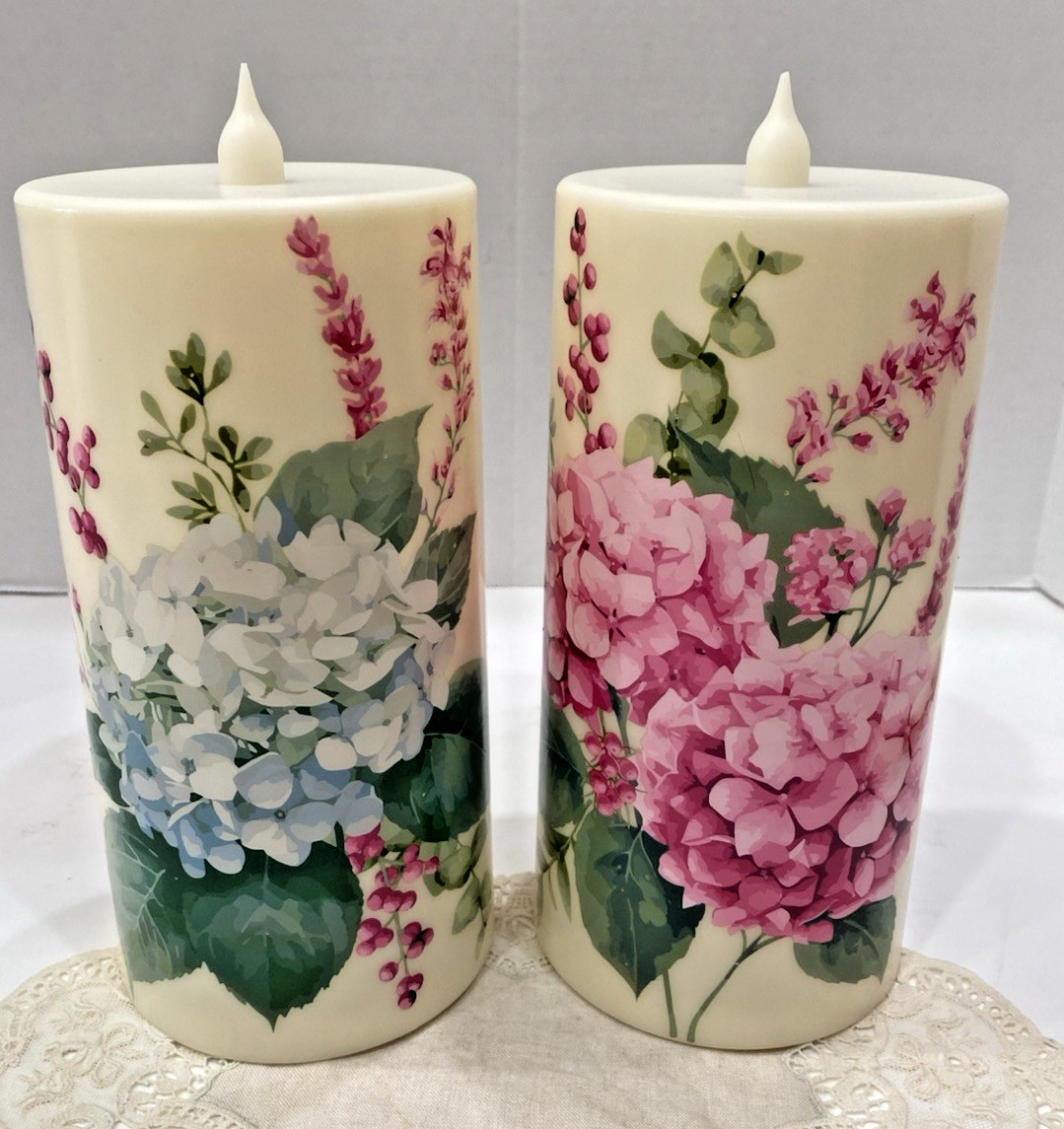NEW Temp-tations Set of (2) 8″ Outdoor Fiberoptic Candles Pink & Blue Hydrangeas