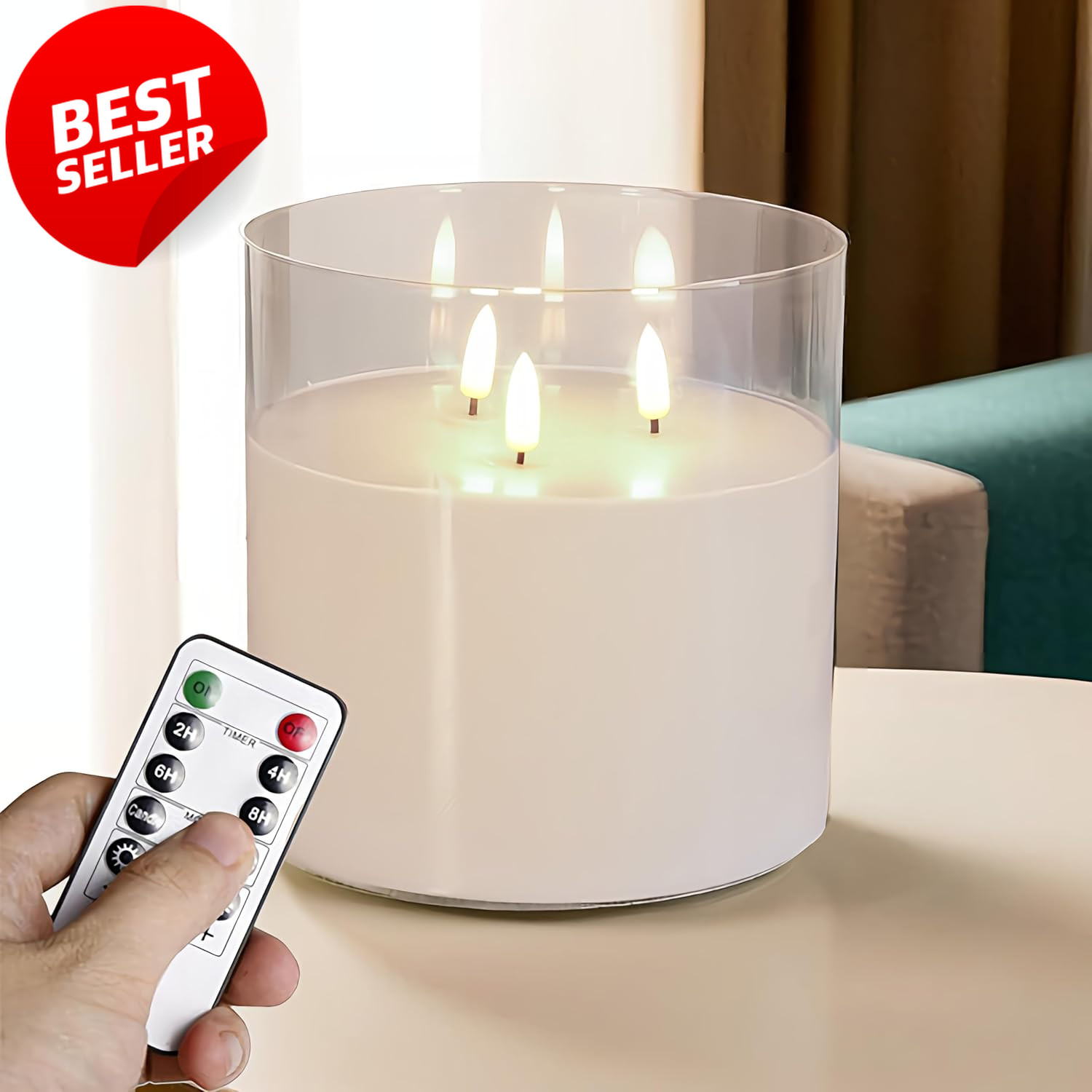 6x6in 3 Wick Flameless LED Candle Real Wax Glass Remote White Decor – US