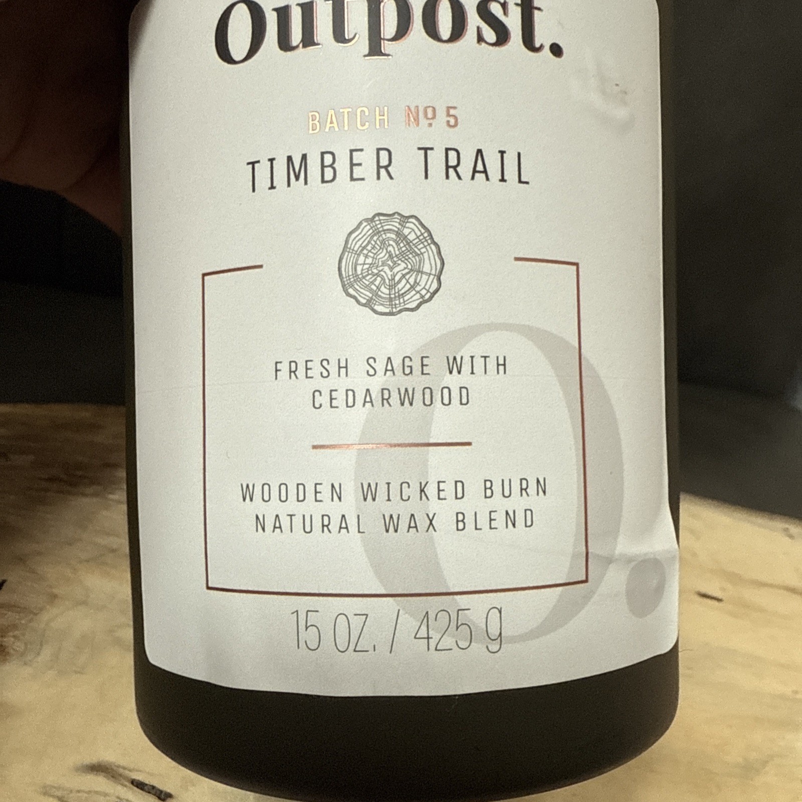 OUTPOST Timber Trail Candle 15 OZ Forest Green Glass Jar Wood Lid Wood Wick USED