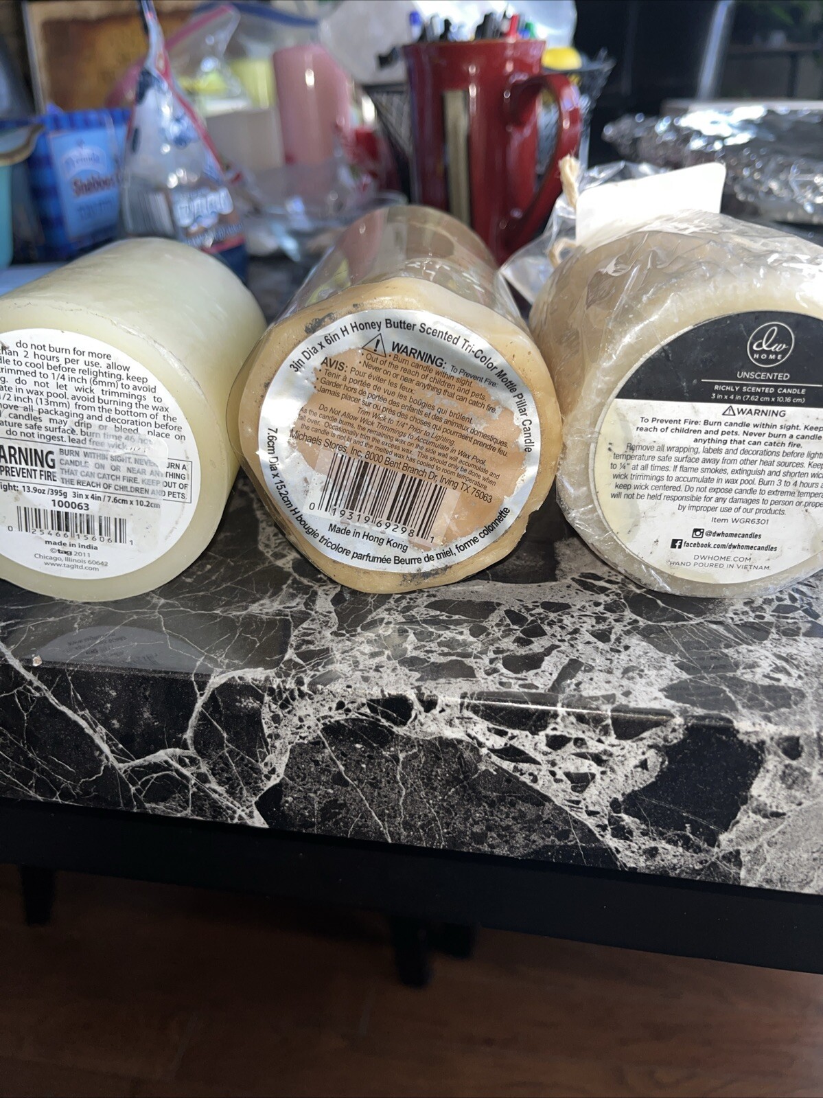assorted pillar candles/ set of 3/ various brand and size/ 8” & (2) 4”