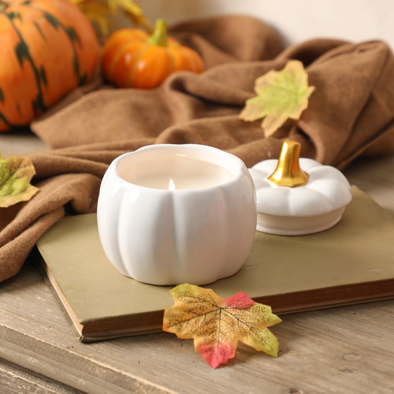Pumpkin Shape Candle Fall Spice Scented Halloween Decor White 9oz