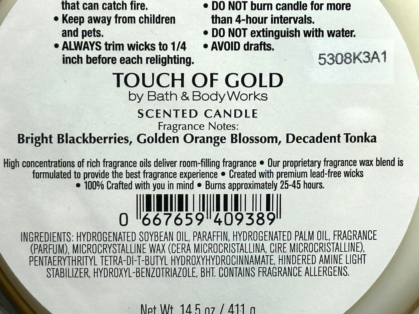 BATH & BODY WORKS TOUCH OF GOLD LARGE 3-WICK 14.5 OZ SCENTED FILLED CANDLE NEW