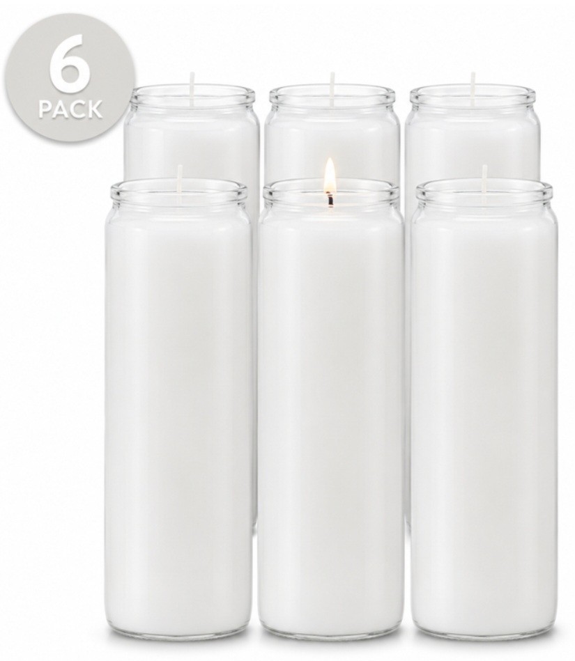 6 Pack WHITE 7 Day Prayer Candles in Glass Jars Unscented Long Burning Vigil