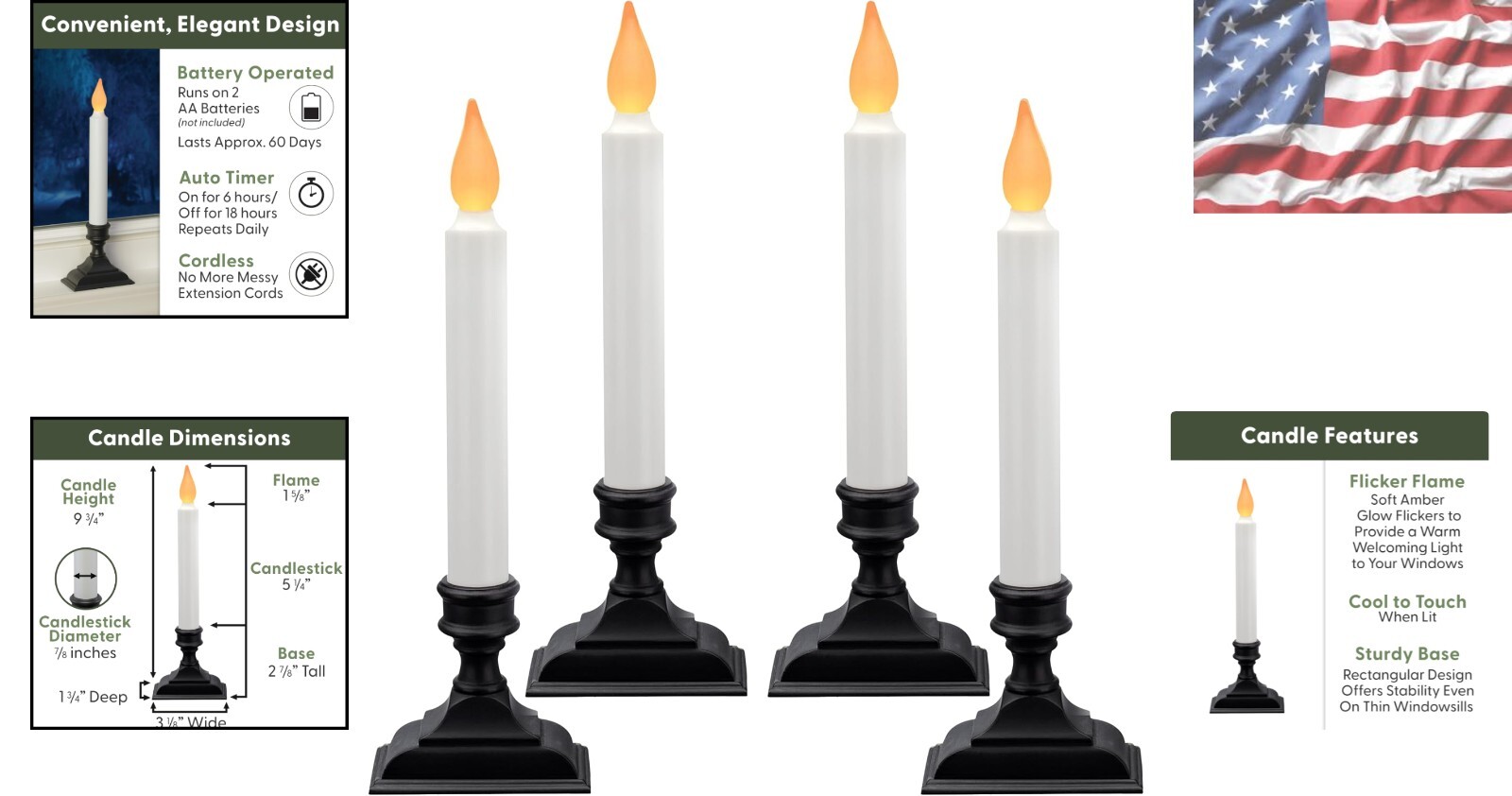 9.75 Inch Tall Flickering Window Candles, Cordless & Energy Efficient, Pack of 4