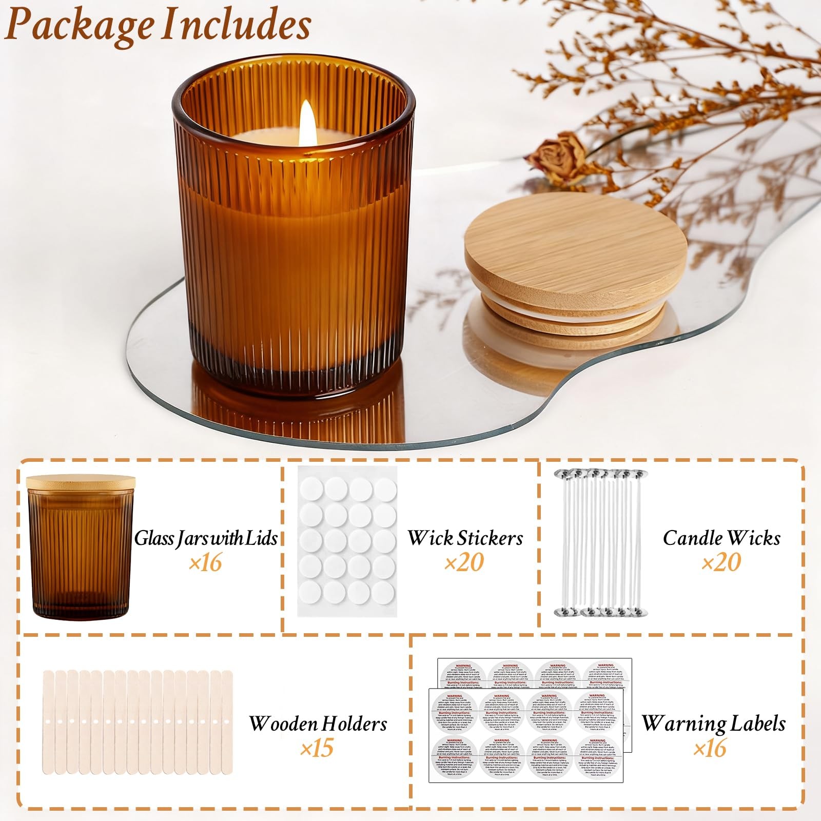 CONNOO 16pcs Ribbed Candle Glass Jars with Natural Bamboo Amber 7oz ribbed
