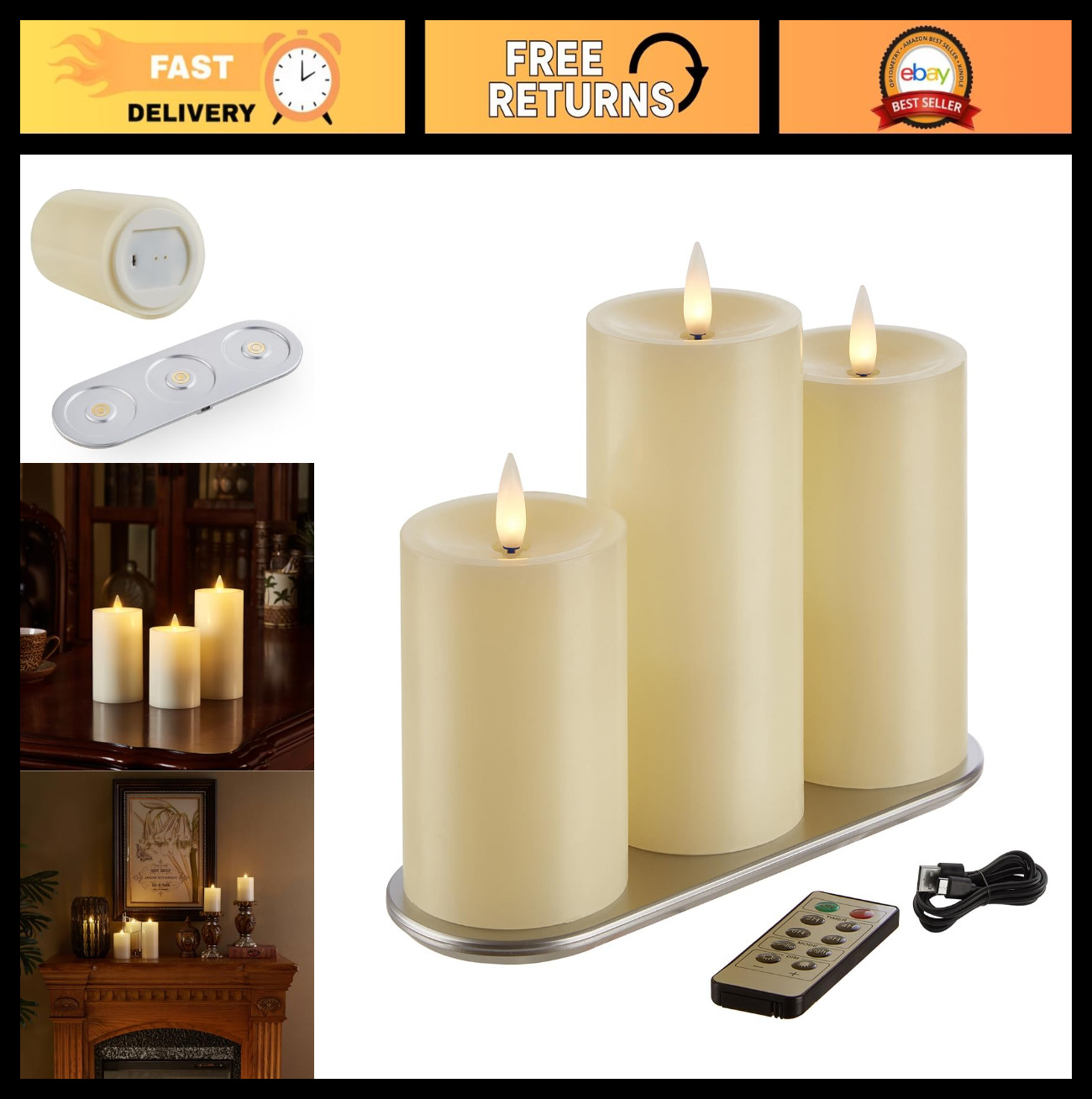 Rechargeable Flameless Pillar Candles with Remote Timer – Real Wax 3D Moving Fla