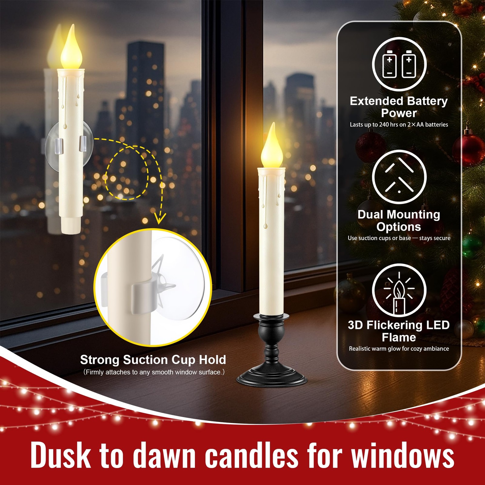 6 PCS LED Window Candle Dusk To Dawn Sensor Ivory Flameless Black Base
