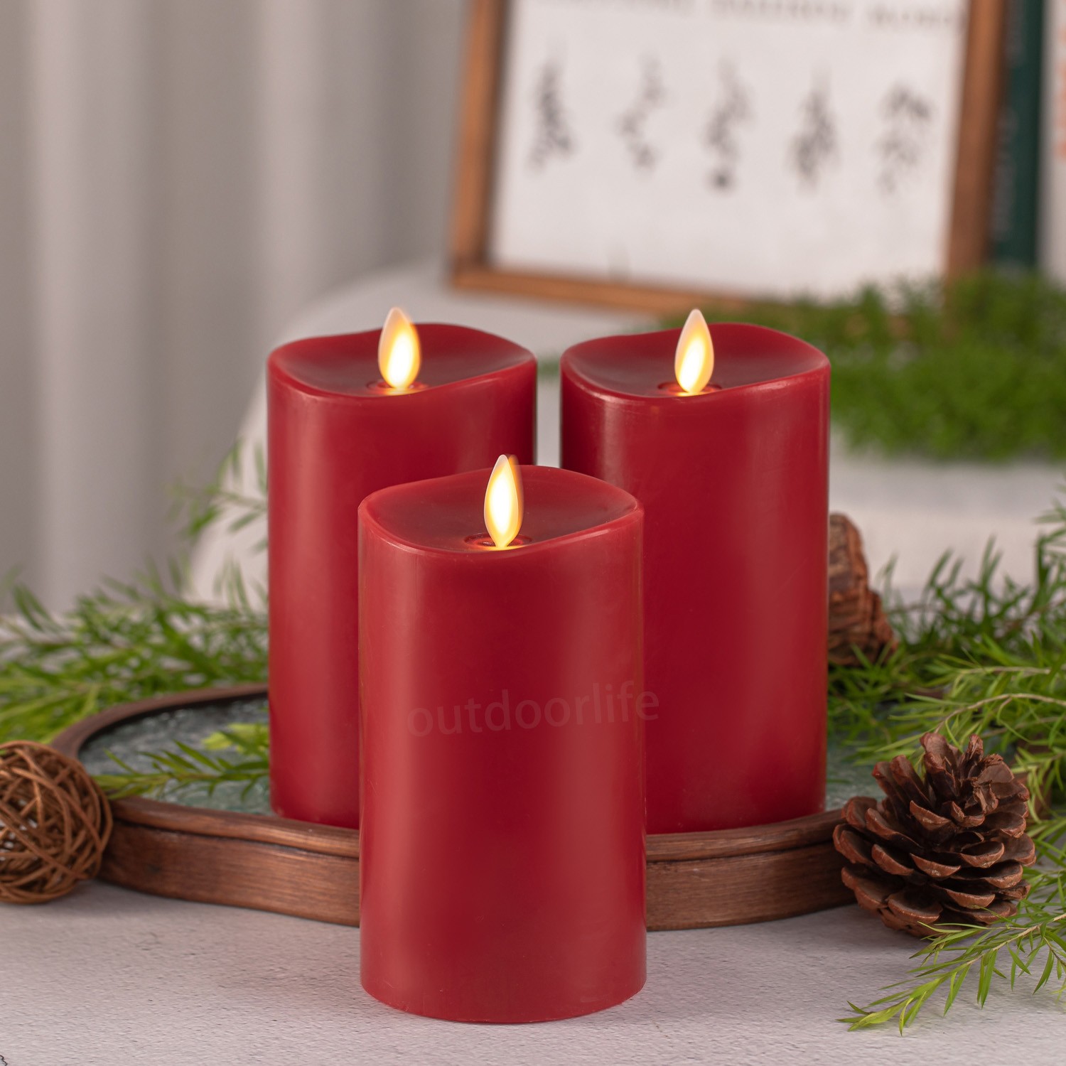 Luminara Flameless Pillar Wax Moving Flame Candles w/Remote Burgundy 3″Dx 6.5″H