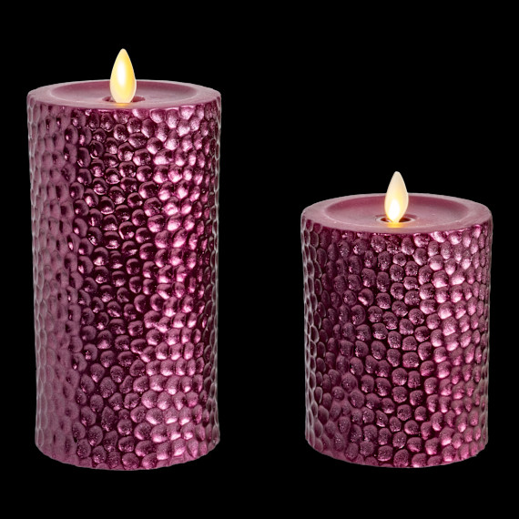 Luminara 2-Piece Flameless 4″ & 6″ Metal Hammered Pillar Set (Plum)