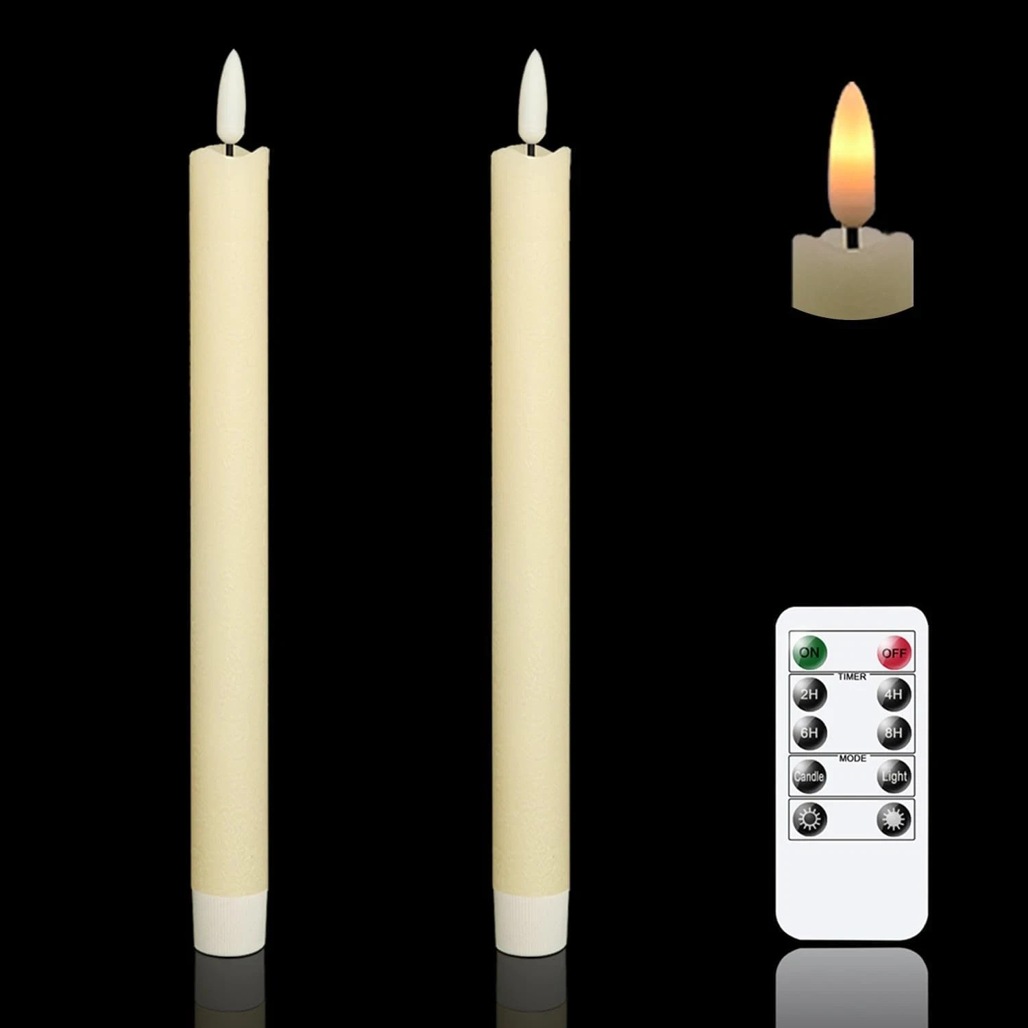 Set of 2, 8″ Flameless Taper Candles Moving Wick Ivory Weddin