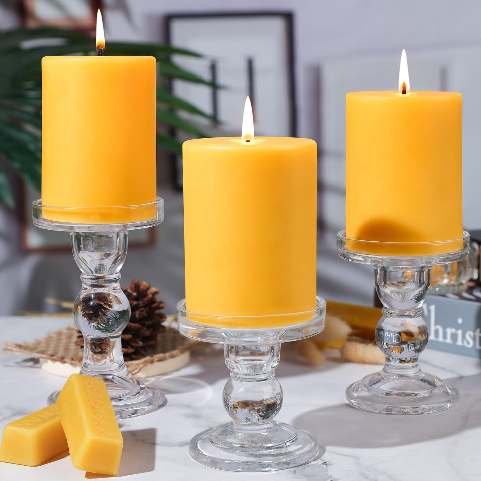 UGBEM 2 Packs 3″ x 4″ Natural Beeswax Pillar Candles,120 Hours Long Burning E…