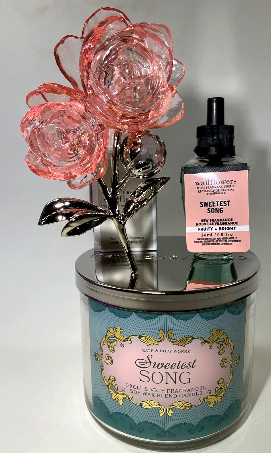 Bath & Body Works Sweetest Song 3-wick Candle + Pink Roses Plug + Refill Bulb 🌹