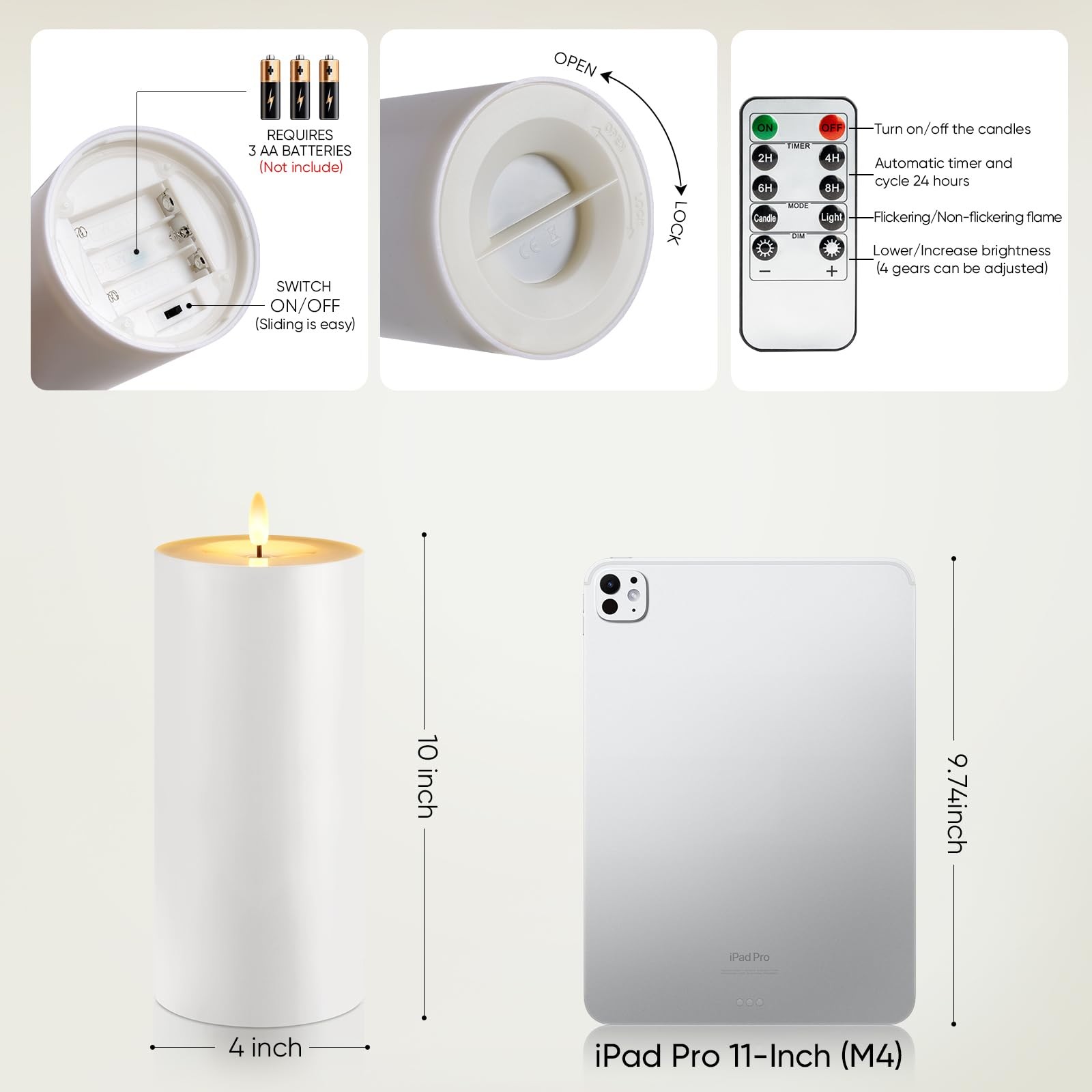 4” X 10” Large Waterproof Outdoor Flameless Candle, Battery Operated LED Ca…