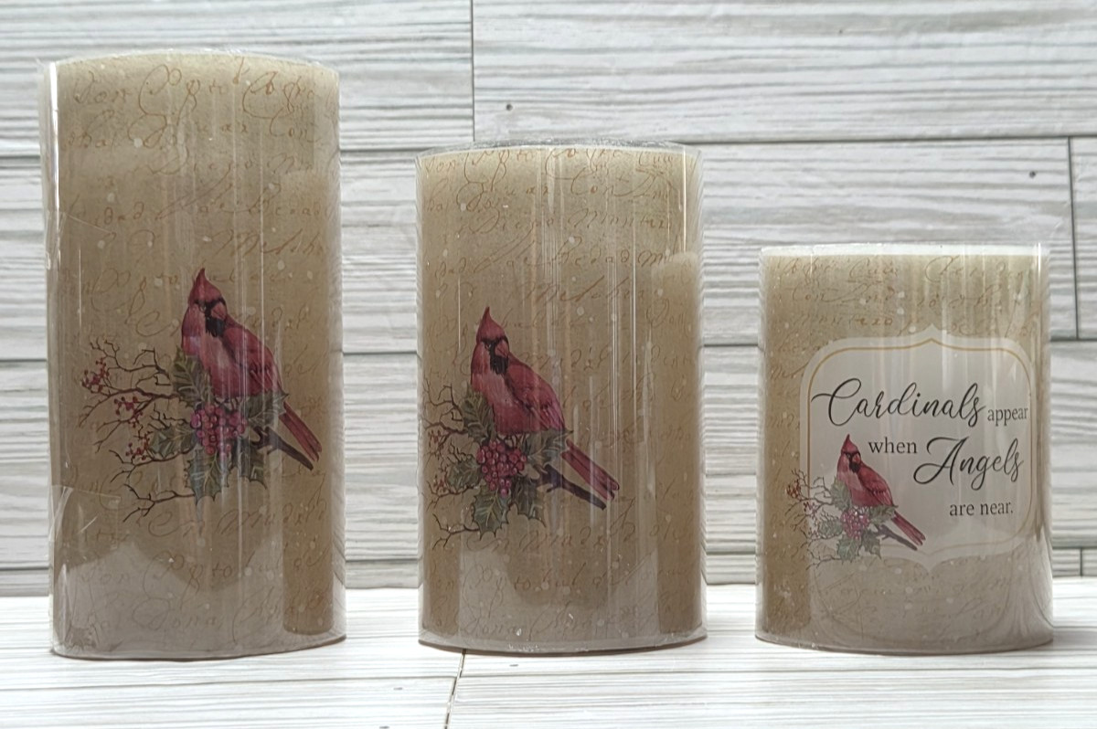 Set of 3 Candles LED Flameless Wax Pillars Cardinal Birds AAA Battery Operated