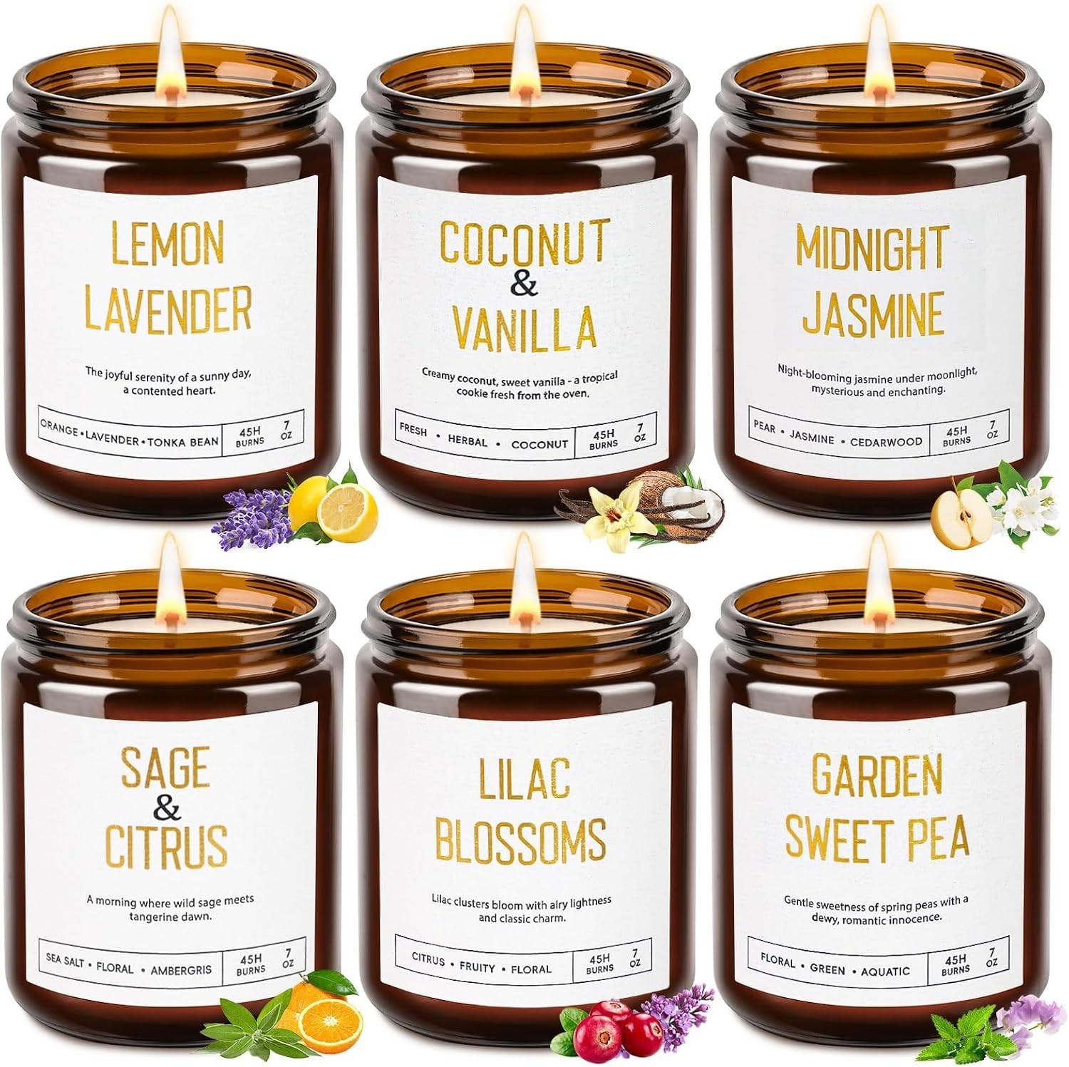 Luxurious 6 Piece Soy Candle Set in Amber Jars – Perfect Gift for Women
