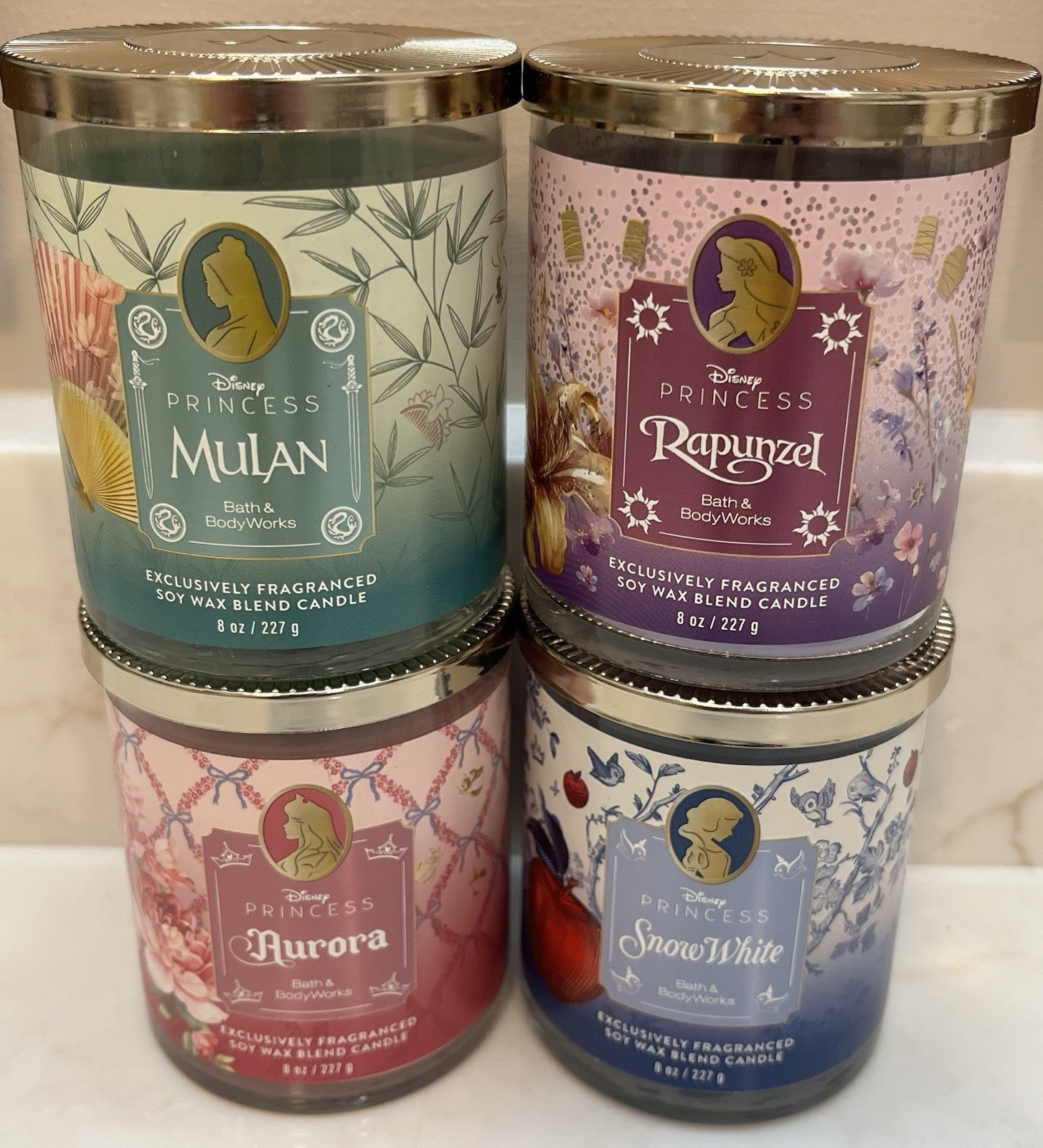 Bath Body Works 4 DISNEY single wick candles SNOW WHITE AURORA MULAN & RAPUNZEL