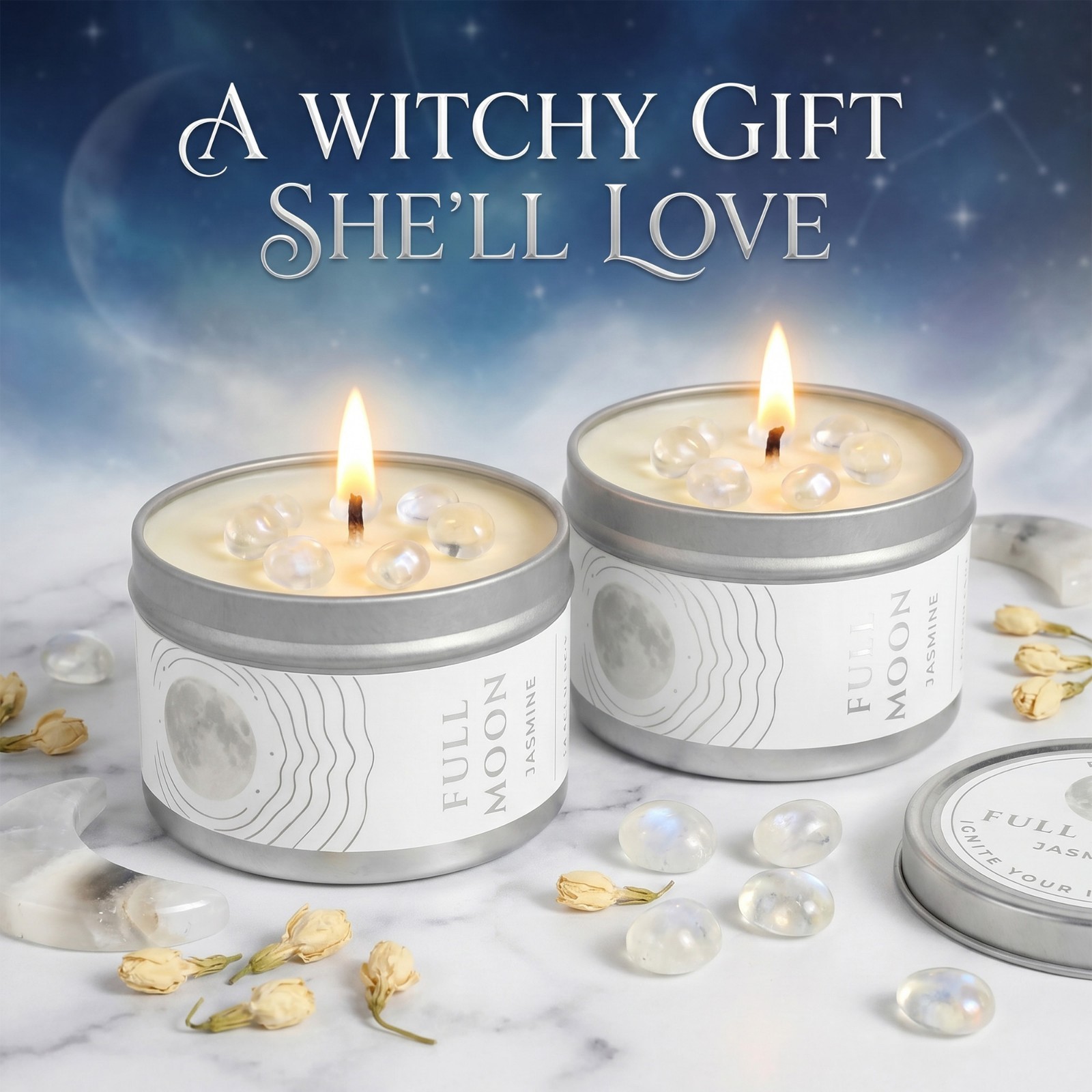 2 Pack Full Moon Candle Crystal Soy Manifestation Witchy Celestial Ritual Gift