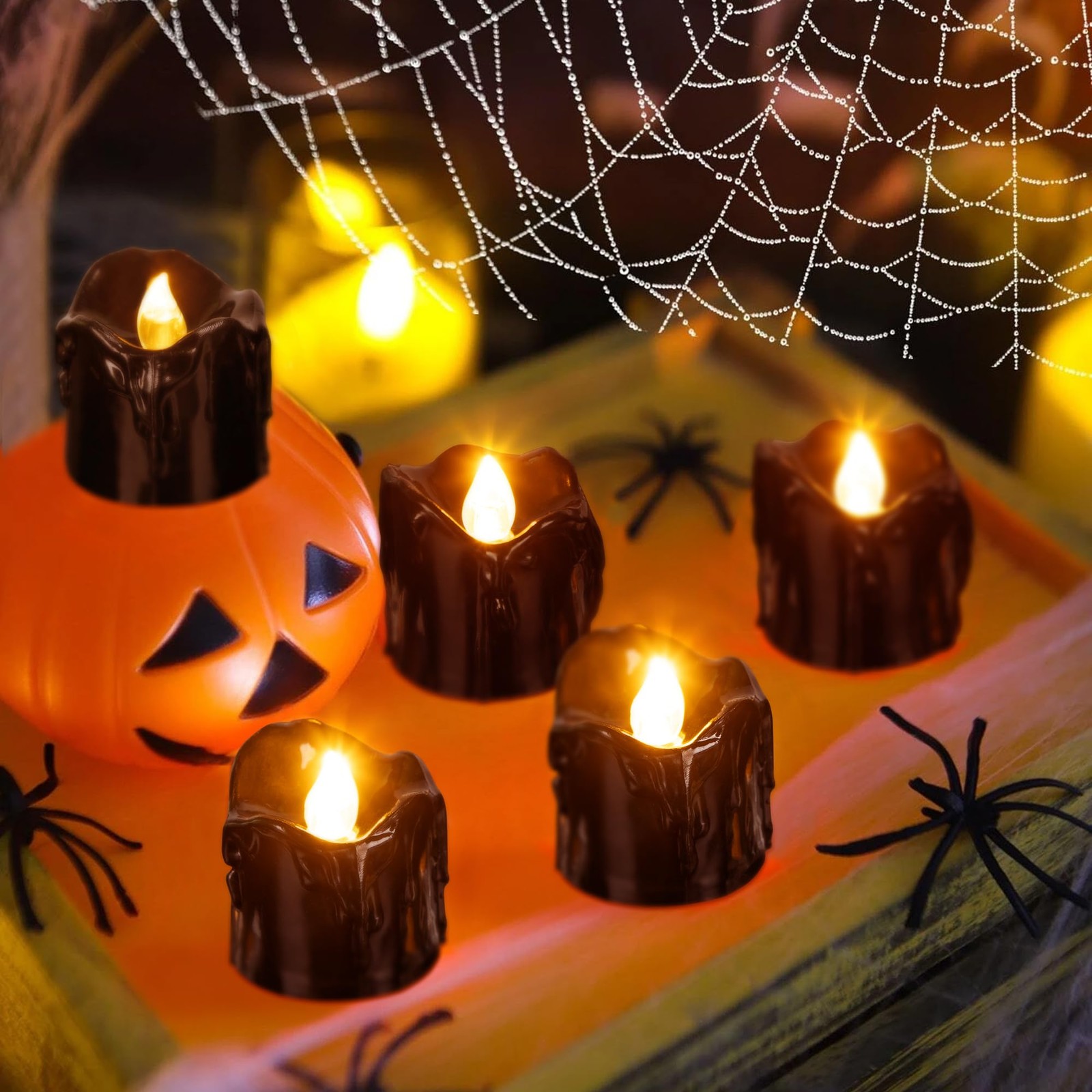 24 PCS Halloween Decorations Indoor Black Tea Lights LED Flameless Battery