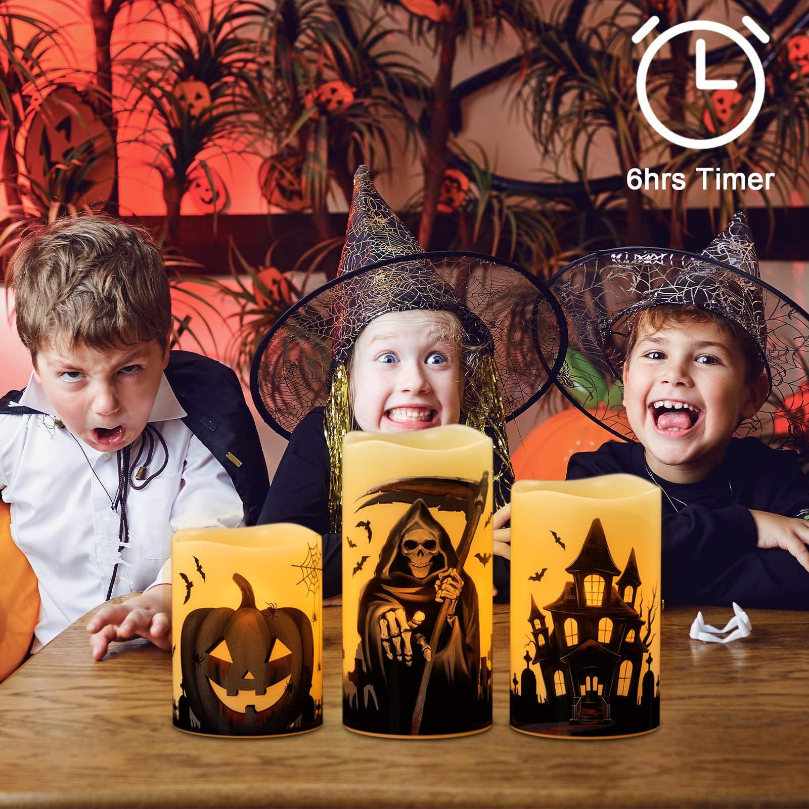 Wondise Halloween Flameless Flickering Candles with 6 Hour Timer, Battery Operat