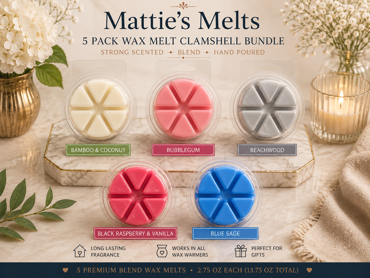 5 Pack Wax Melts Strong Scented Clamshell Bundle Home Fragrance Gift Set