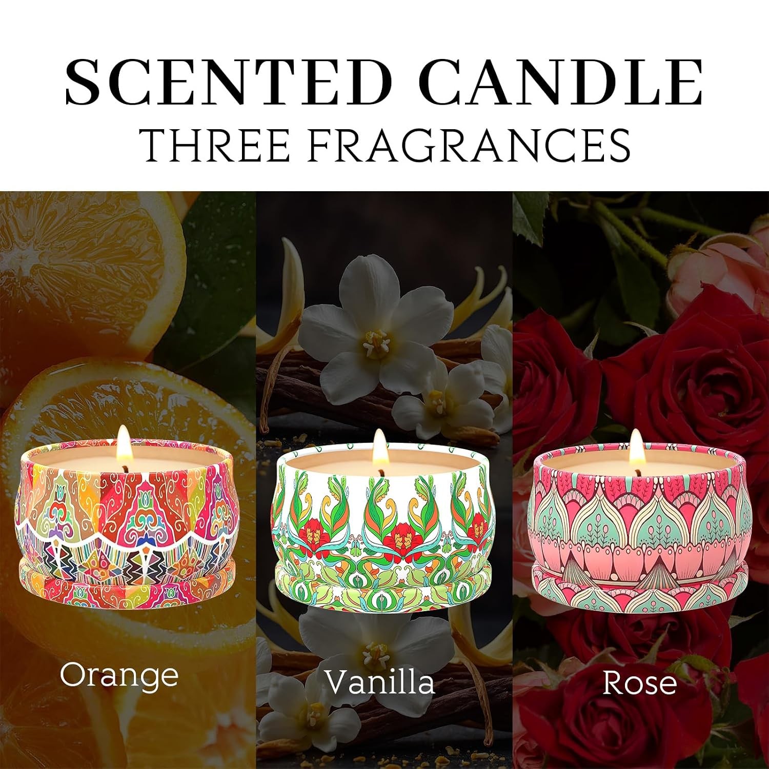 Scented Soy Wax Candles Gift Set, Orange, Rose, Vanilla, Long Lasting Home