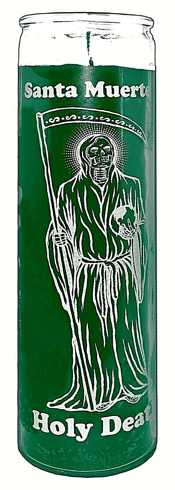 CANDLE HOLY DEATH GREEN UNSCENTED- SANTA MUERTE VERDE VELADORA 120 Hours