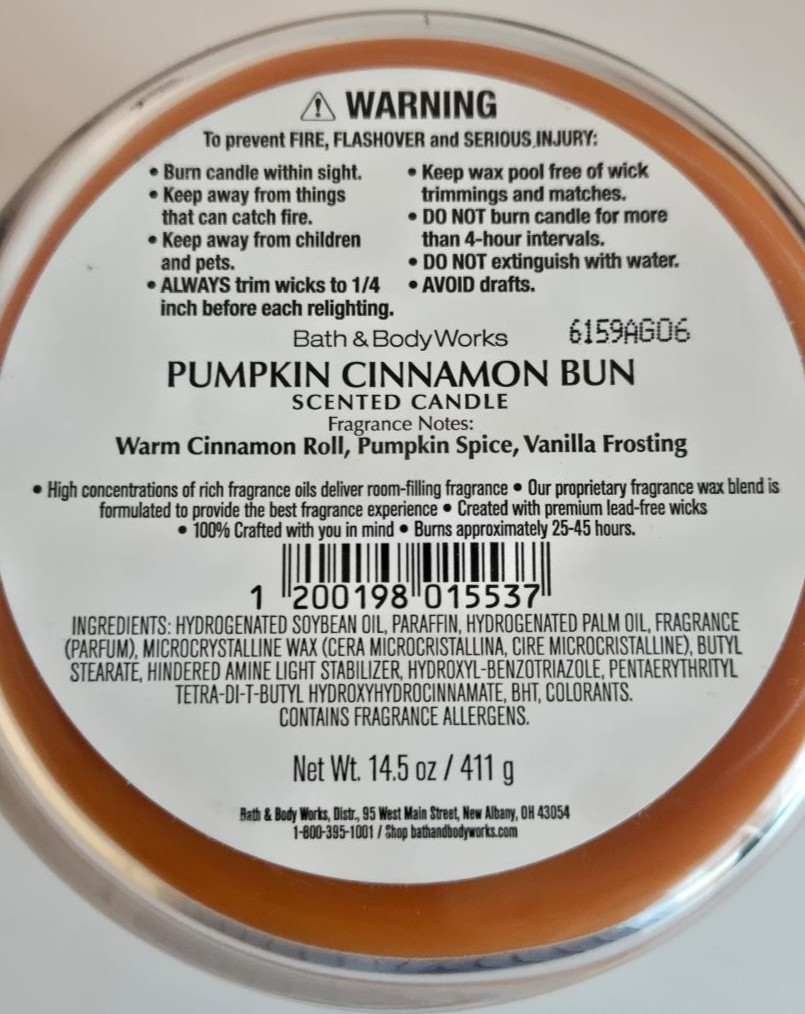 New Bath & Body Works Pumpkin Cinnamon Bun Soy Wax Blend 3-Wick Candle 14.5 oz.