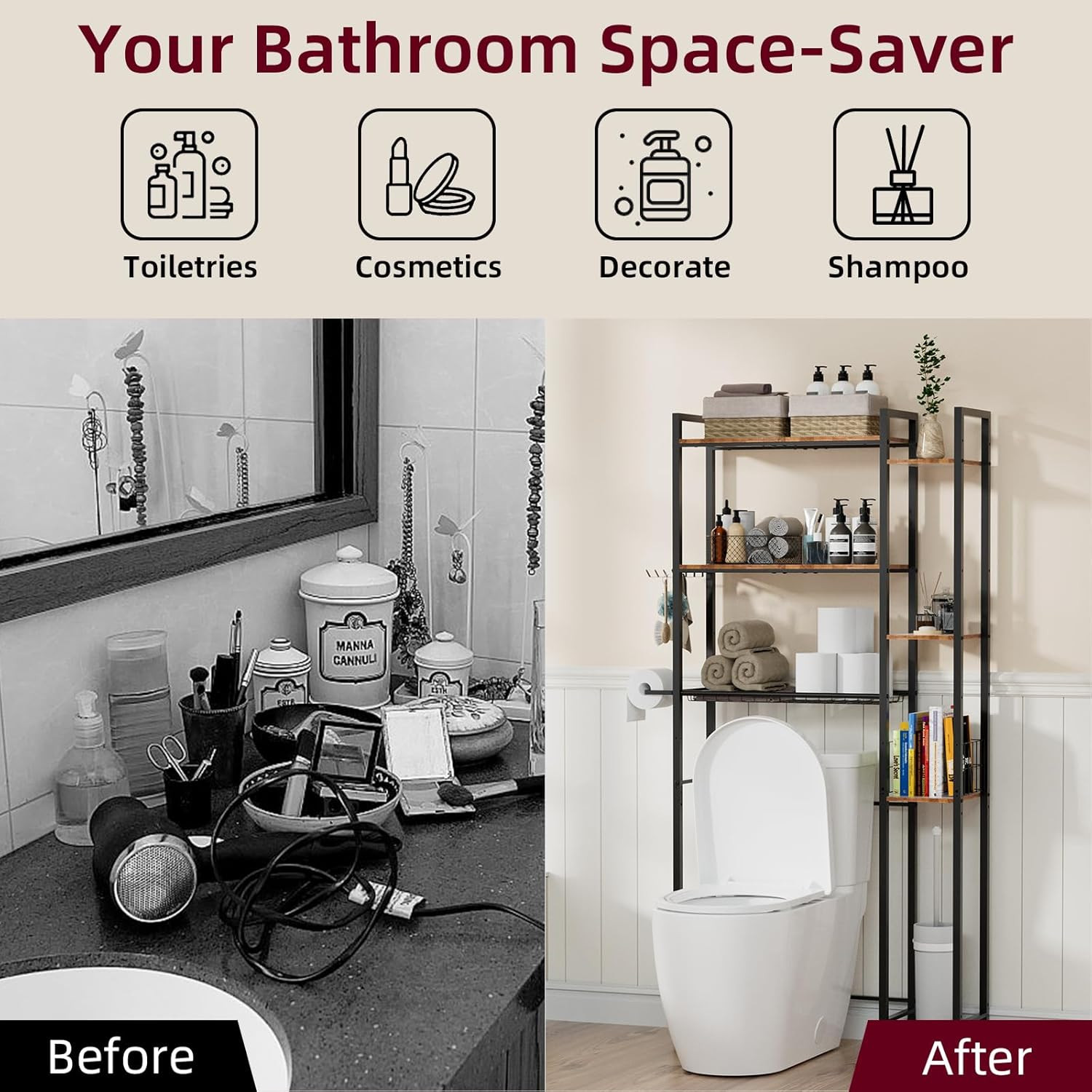 7-Tier Over Toilet Storage Organizer with Wooden Shelf & Side Rack