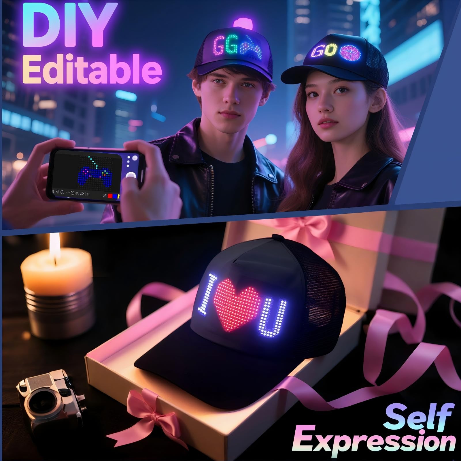 LED Hats, LED Display Screen Baseball Caps with Programmable Scrolling Messag…