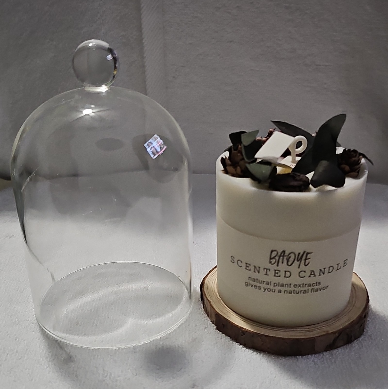 BAOYE Botanical Scented Candle with Cloche Glass Dome & Wood Base – Natural Soy