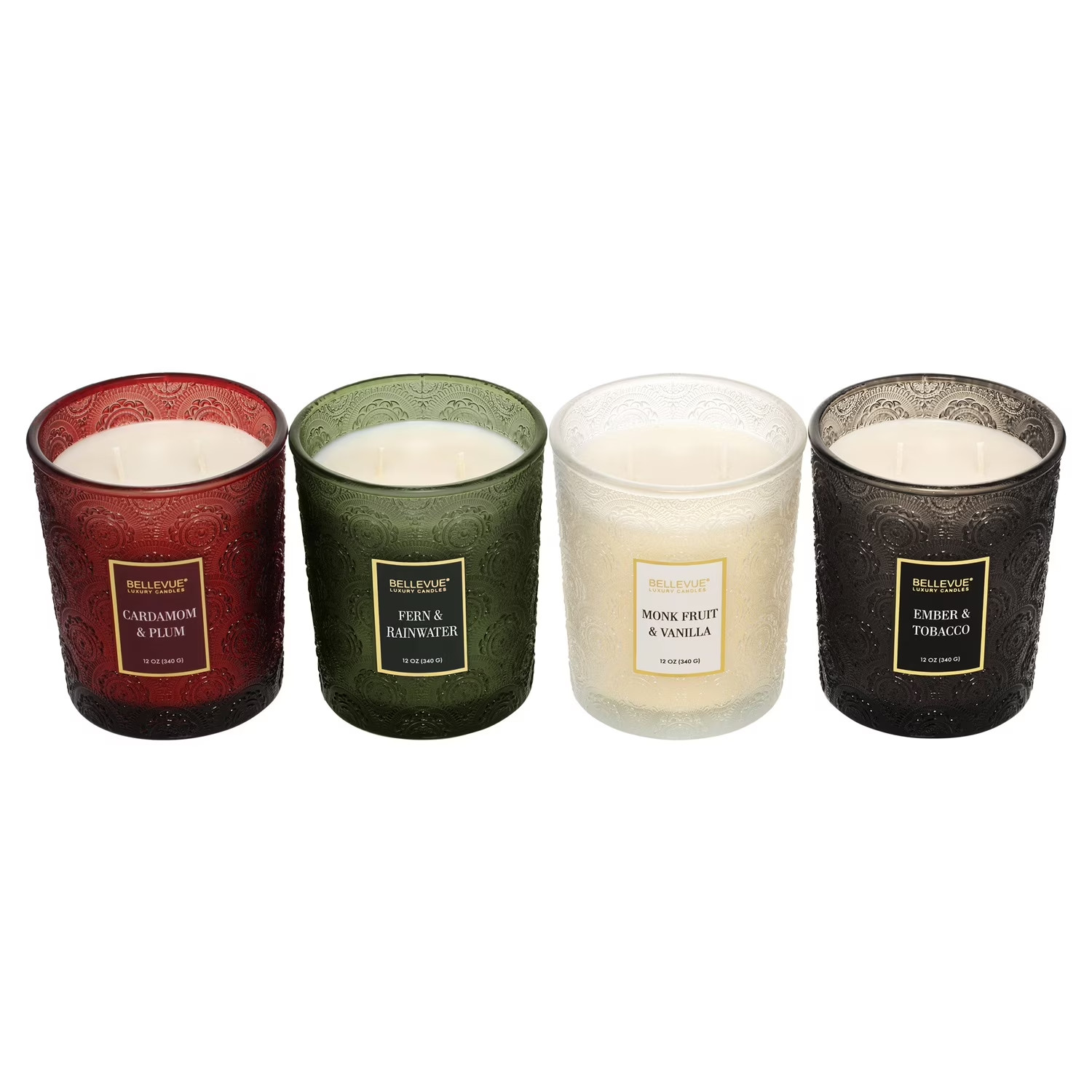 4- Pack Bellevue Luxury Candles Set Embossed Glass 12 Oz. Lead Free Wicks